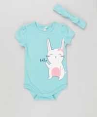 Body-Infantil-com-Estampa-de-Coelho-Manga-Curta-Decote-Redondo---Faixa-de-Cabelo-com-Laco-em-Algodao---Sustentavel-Verde-8953687-Verde_1
