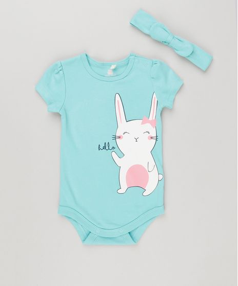 Body-Infantil-com-Estampa-de-Coelho-Manga-Curta-Decote-Redondo---Faixa-de-Cabelo-com-Laco-em-Algodao---Sustentavel-Verde-8953687-Verde_1