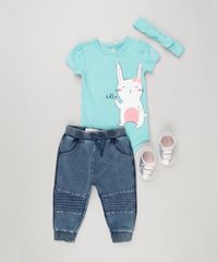 Body-Infantil-com-Estampa-de-Coelho-Manga-Curta-Decote-Redondo---Faixa-de-Cabelo-com-Laco-em-Algodao---Sustentavel-Verde-8953687-Verde_3