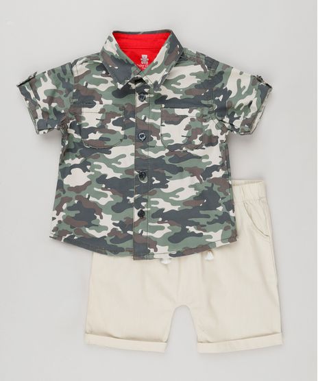 Conjunto-Infantil-de-Camisa-Camuflada-Manga-Curta---Bermuda-com-Bolsos-em-Algodao---Sustentavel-Kaki-8950640-Kaki_1