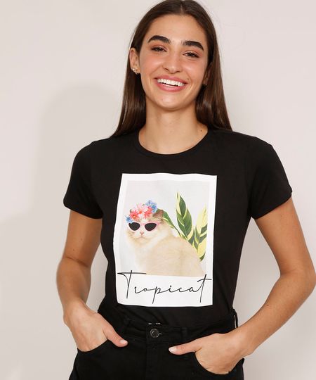 Camiseta-de-Algodao-Gato-com-Oculos--Tropicat--Manga-Curta-Decote-Redondo-Preta-9981735-Preto_1