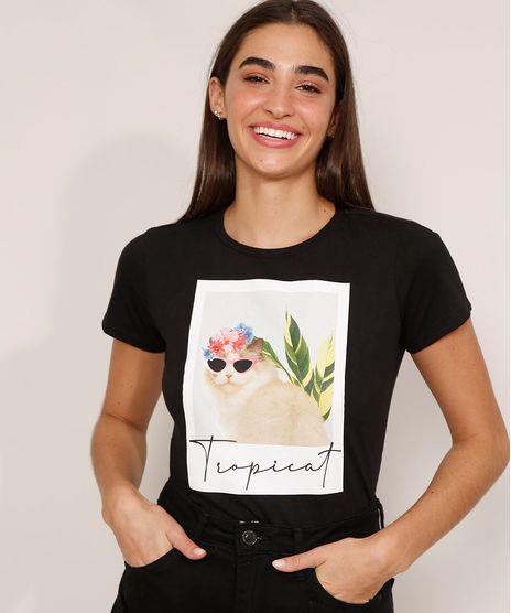 Camiseta-de-Algodao-Gato-com-Oculos--Tropicat--Manga-Curta-Decote-Redondo-Preta-9981735-Preto_1