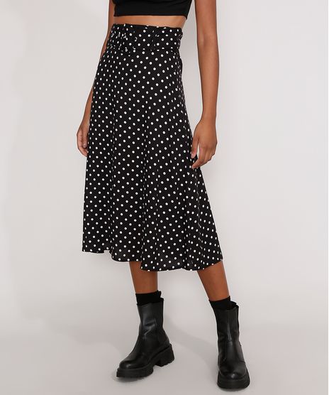 Saia-Evase-de-Viscose-Midi-Estampada-Poa-com-Cinto-Preta-9984250-Preto_1