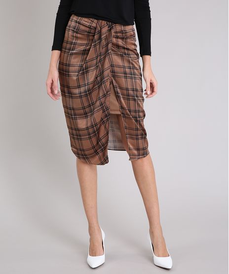 Saia-Feminina-Midi-Xadrez-Acetinada-com-Fenda-Kaki-9197217-Kaki_1