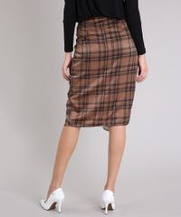Saia-Feminina-Midi-Xadrez-Acetinada-com-Fenda-Kaki-9197217-Kaki_2