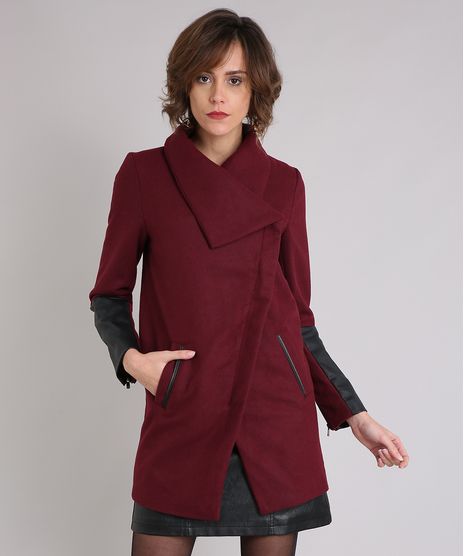 Casaco-Feminino-Longo-Gola-Ampla-em-Feltro-com-Recorte-e-Ziper-na-Manga-Vinho-8892718-Vinho_1