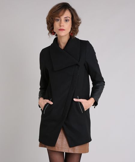 Casaco-Feminino-Longo-Gola-Ampla-em-Feltro-com-Recorte-e-Ziper-na-Manga-Preto-8892718-Preto_1