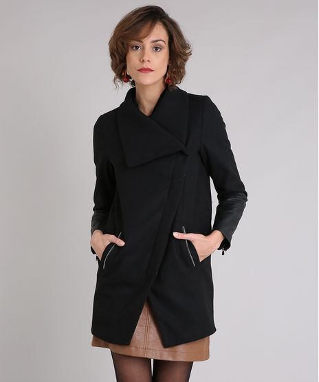 Casaco-Feminino-Longo-Gola-Ampla-em-Feltro-com-Recorte-e-Ziper-na-Manga-Preto-8892718-Preto_1
