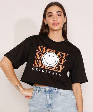Camiseta-Cropped-de-Algodao-Smiley-Manga-Curta-Decote-Redondo-Preta-9983752-Preto_1