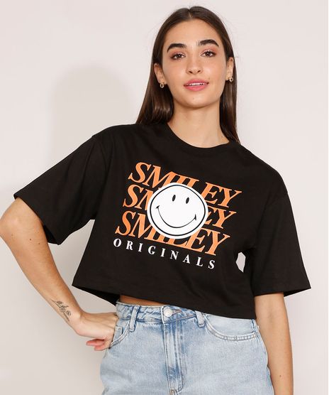 Camiseta-Cropped-de-Algodao-Smiley-Manga-Curta-Decote-Redondo-Preta-9983752-Preto_1