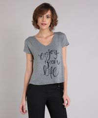 Blusa-Feminina--Enjoy-Your-Life--com-Paetes-Manga-Curta-Decote-V-Cinza-Mescla-9153700-Cinza_Mescla_1