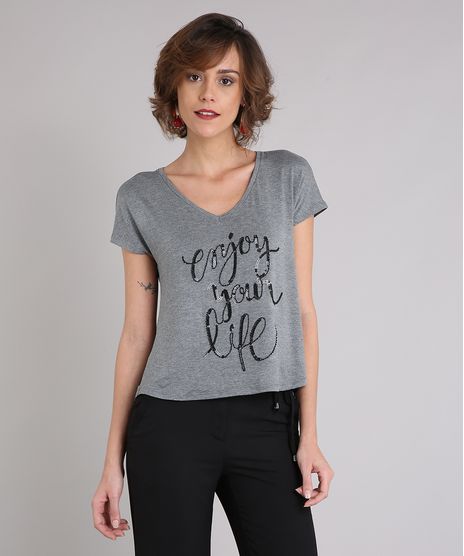 Blusa-Feminina--Enjoy-Your-Life--com-Paetes-Manga-Curta-Decote-V-Cinza-Mescla-9153700-Cinza_Mescla_1