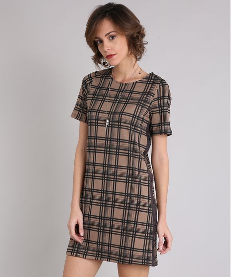 Vestido-Feminino-Curto-Xadrez-Faixa-Lateral-Manga-Curta-Decote-Redondo-Kaki-9210061-Kaki_1