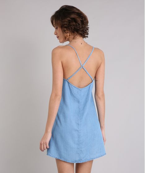 vestido jeans curto de alça