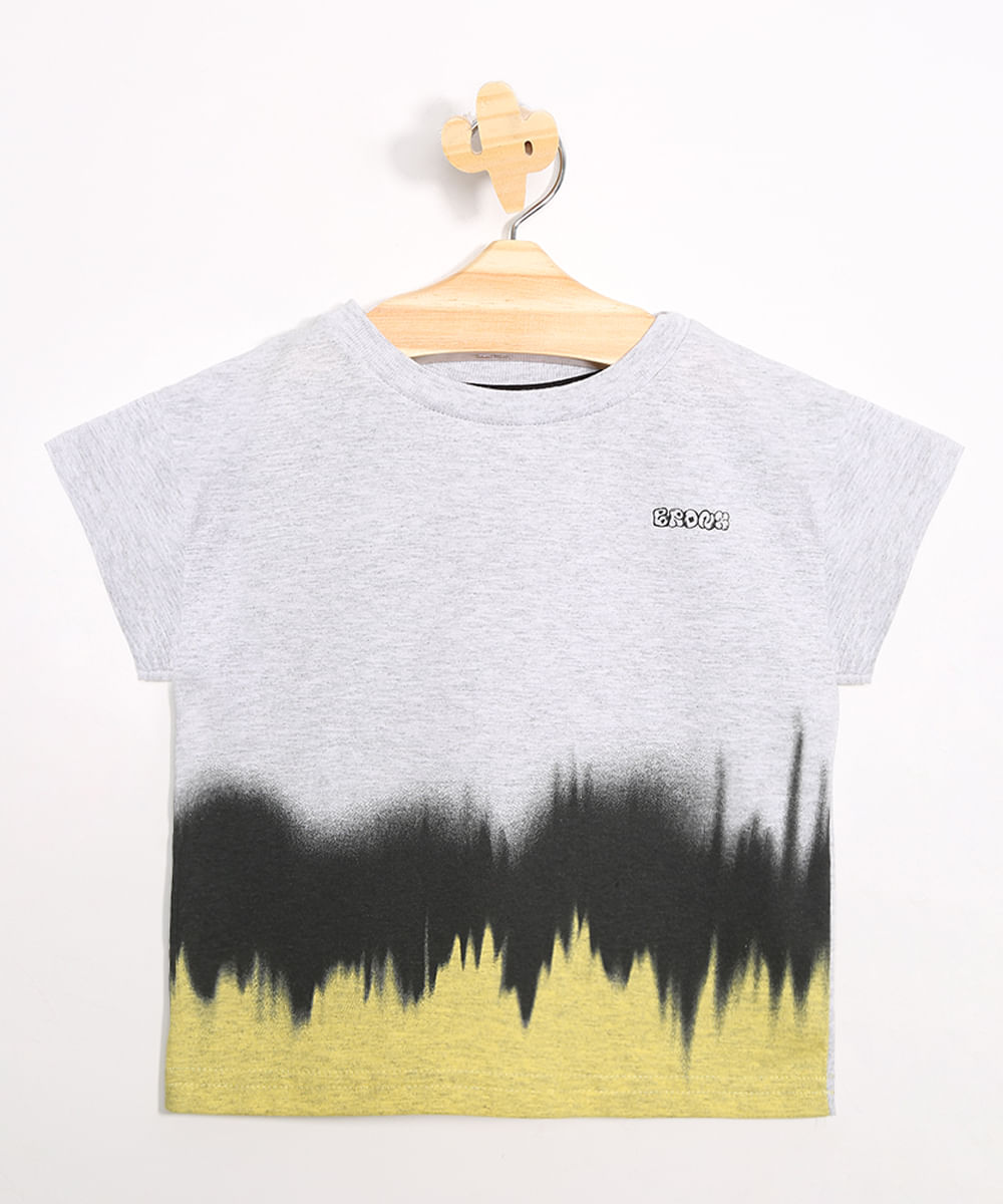 Camiseta Infantil Street Estampada de Tinta "Bronx" Manga Curta Cinza Mescla Claro