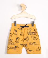 Bermuda-Infantil-de-Moletom-Reta-Estampada-de-Cachorrinhos-com-Bolsos-Mostarda-9980228-Mostarda_1