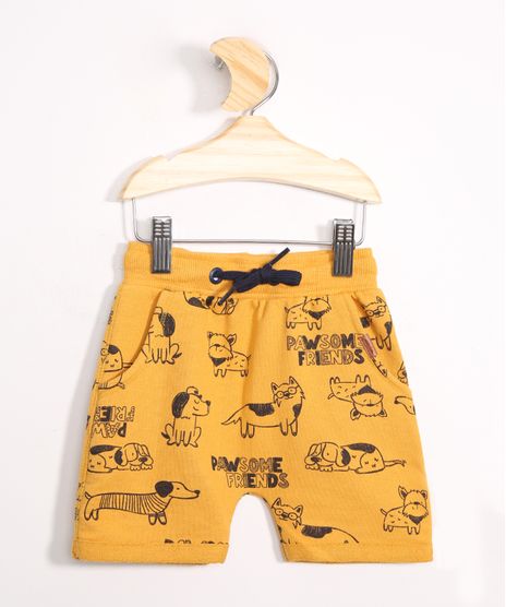 Bermuda-Infantil-de-Moletom-Reta-Estampada-de-Cachorrinhos-com-Bolsos-Mostarda-9980228-Mostarda_1