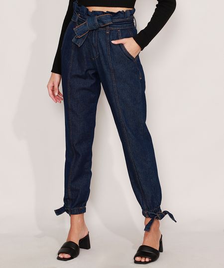 Calca-Clochard-Jogger-Jeans-com-Recortes-e-Faixa-para-Amarrar-Cintura-Super-Alta-Azul-Escuro-9985905-Azul_Escuro_1