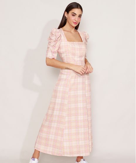 Vestido-de-Viscose-Estampado-Xadrez-Midi-Manga-Bufante-Multicor-9985255-Multicor_1