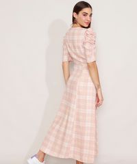 Vestido-de-Viscose-Estampado-Xadrez-Midi-Manga-Bufante-Multicor-9985255-Multicor_2