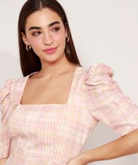 Vestido-de-Viscose-Estampado-Xadrez-Midi-Manga-Bufante-Multicor-9985255-Multicor_6