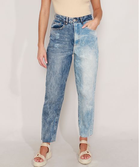Calca-Mom-Jeans-Marmorizada-com-Lavagem-Contrastante-Cintura-Super-Alta-Azul-Medio-9988939-Azul_Medio_1