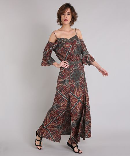 Vestido-Feminino-Estampado-Paisley-Longo-com-Fendas-Open-Shoulder-Manga-Curta-Decote-V-Verde-Militar-9062678-Verde_Militar_1