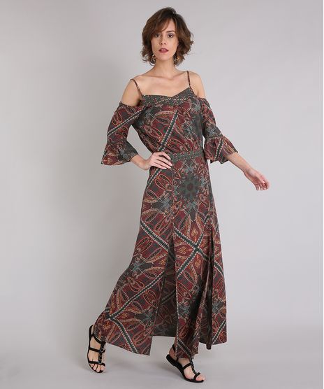 Vestido-Feminino-Estampado-Paisley-Longo-com-Fendas-Open-Shoulder-Manga-Curta-Decote-V-Verde-Militar-9062678-Verde_Militar_1