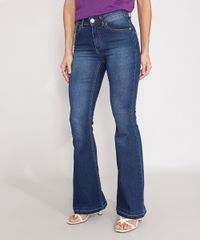 Calça Flare Jeans Cintura Alta Azul Escuro frente