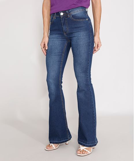 Calça Flare Jeans Cintura Alta Azul Escuro frente