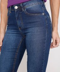 Calça Flare Jeans Cintura Alta Azul Escuro detalhe frente