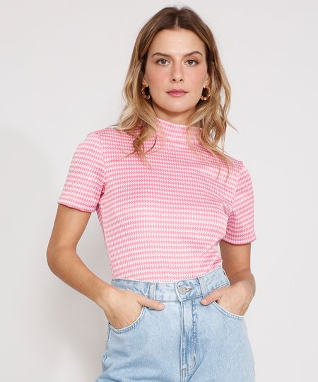 Blusa-de-Jacquard-Estampada-Pied-de-Poule-Manga-Curta-Gola-Alta-Pink-9983389-Pink_1