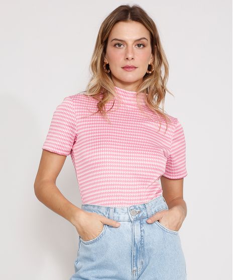 Blusa-de-Jacquard-Estampada-Pied-de-Poule-Manga-Curta-Gola-Alta-Pink-9983389-Pink_1