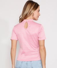 Blusa-de-Jacquard-Estampada-Pied-de-Poule-Manga-Curta-Gola-Alta-Pink-9983389-Pink_2