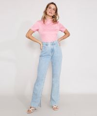 Blusa-de-Jacquard-Estampada-Pied-de-Poule-Manga-Curta-Gola-Alta-Pink-9983389-Pink_3