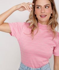 Blusa-de-Jacquard-Estampada-Pied-de-Poule-Manga-Curta-Gola-Alta-Pink-9983389-Pink_4