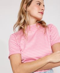 Blusa-de-Jacquard-Estampada-Pied-de-Poule-Manga-Curta-Gola-Alta-Pink-9983389-Pink_6