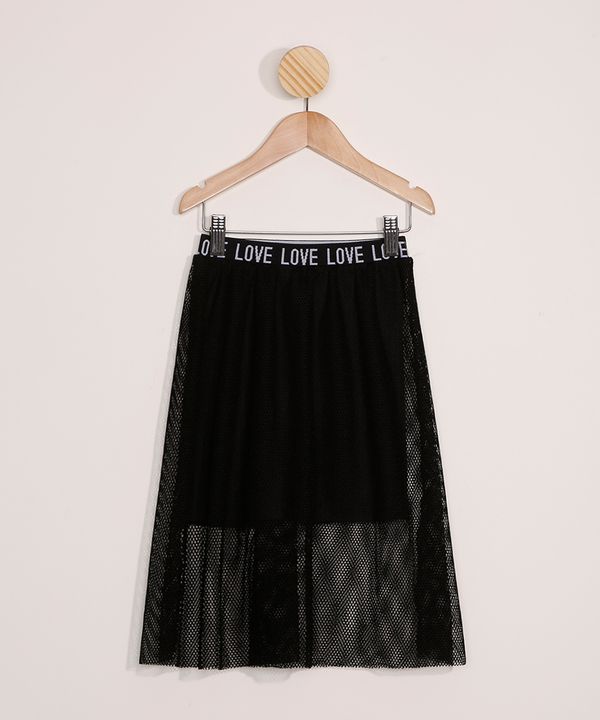 Saia Infantil de Tule Midi com Elástico "Love" Preta 10