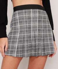 Saia-Evase-Estampada-Xadrez-com-Pregas-e-Cos-Contrastante-Curta-Cinza-9984044-Cinza_1