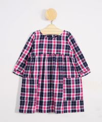 Vestido Infantil Estampado Xadrez Festa Junina Manga Longa Decote Redondo + Meia Calça Rosa Escuro