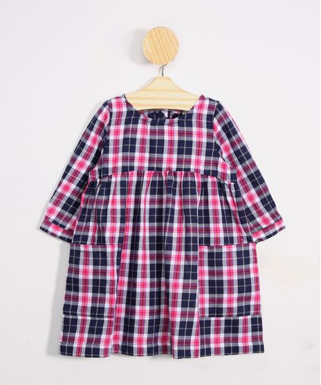 Vestido Infantil Estampado Xadrez Festa Junina Manga Longa Decote Redondo + Meia Calça Rosa Escuro