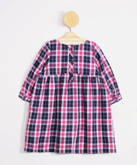 Vestido Infantil Estampado Xadrez Festa Junina Manga Longa Decote Redondo + Meia Calça Rosa Escuro vista costas