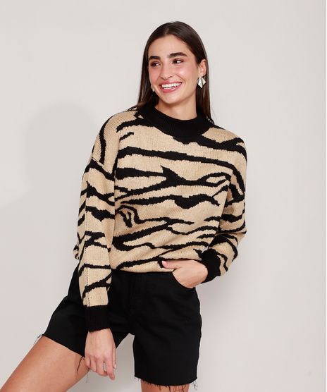 Sueter-Amplo-de-Trico-Estampado-Animal-Print-Zebra-Decote-Redondo-Bege-9811711-Bege_1