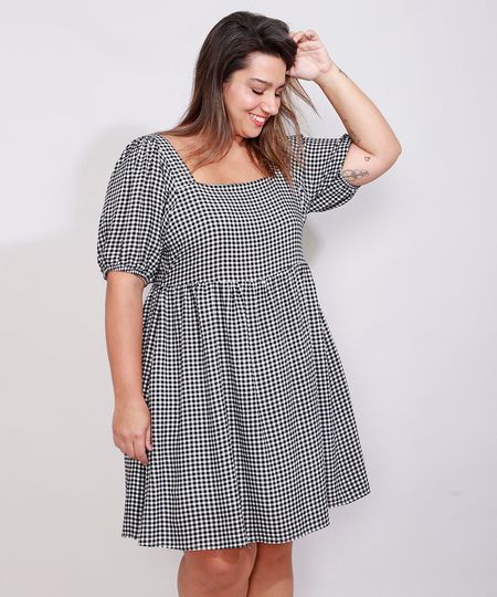 Vestido-Feminino-Plus-Size-Mindset-Curto-Estampado-Xadrez-Vichy-com-Amarracao-Manga-Bufante-Preto-9991020-Preto_1