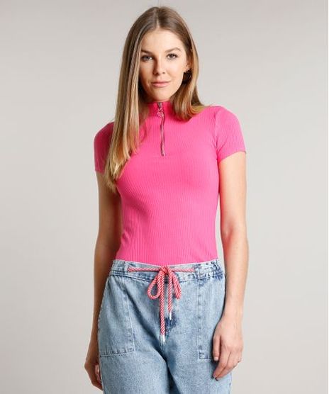 Blusa-Feminina-Canelada-com-Ziper-de-Argola-Manga-Curta-Gola-Alta-Rosa-9680111-Rosa_1