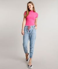 Blusa-Feminina-Canelada-com-Ziper-de-Argola-Manga-Curta-Gola-Alta-Rosa-9680111-Rosa_3