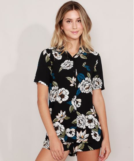 Camisa-Feminina-Ampla-Estampada-Floral-Manga-Curta-Preta-9976357-Preto_1