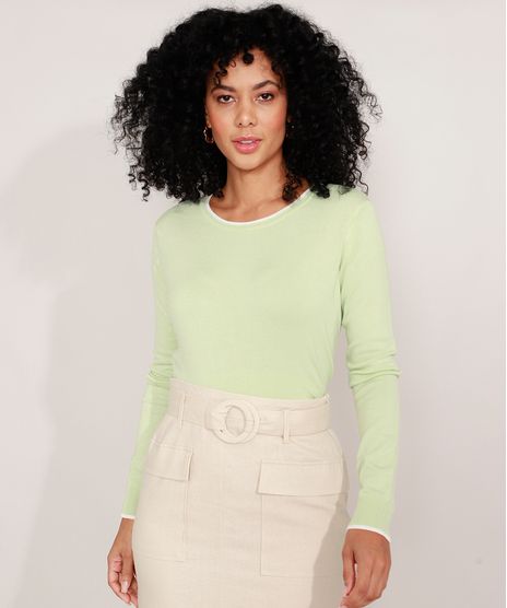 Sueter-de-Trico-Feminino-Basico-Bicolor-Decote-Redondo-Verde-Claro-9325451-Verde_Claro_1