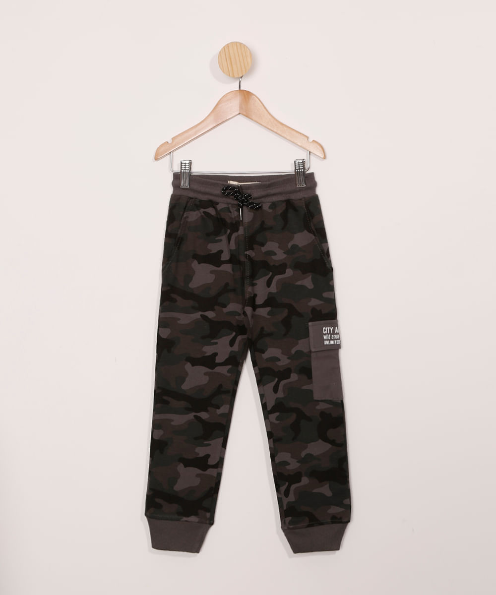 Calça Infantil de Moletom Jogger Camuflada Cinza Mescla