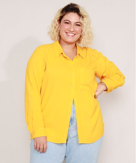 Camisa-de-Viscose-Plus-Size-com-Bolso-Manga-Longa-Mindset-Amarela-9991494-Amarelo_1